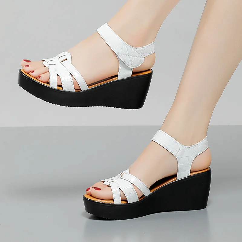 

32-43 Fashion Woman Peep Toe White Leather Sandals For Women Summer Black Wedge Heels Platform 2021 Ladies Elegant Dress Shoes