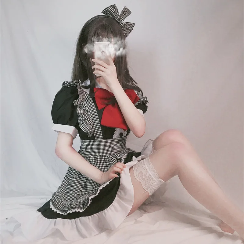 

Anime Women Maid Outfit Long Dress Black and White Lattice Apron Dress Lolita Dresses Cafe Cosplay Costume Горничная Mucama