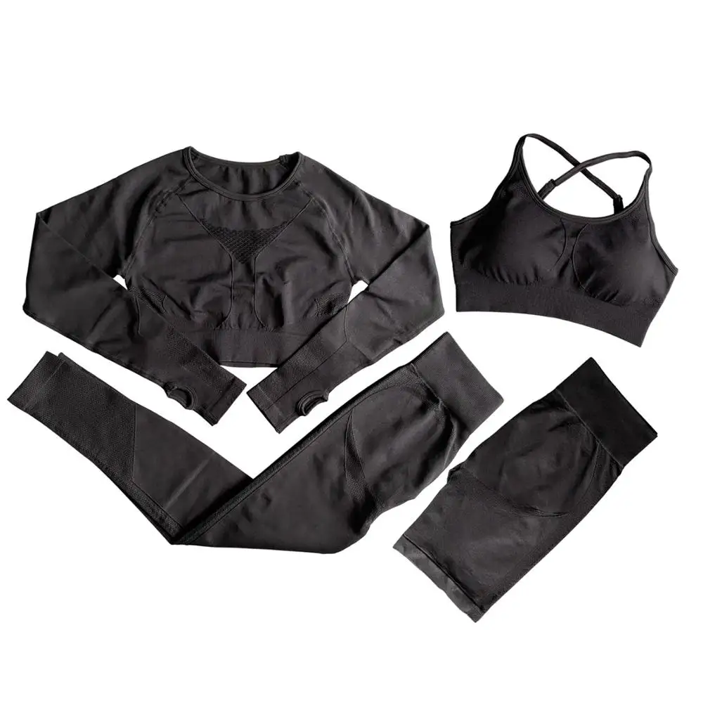 

4PCS Seamless Women Yoga Set Workout Sportswear Gym Clothing Fitness Long Sleeve Crop Top High Waist Leggings Sports Suits
