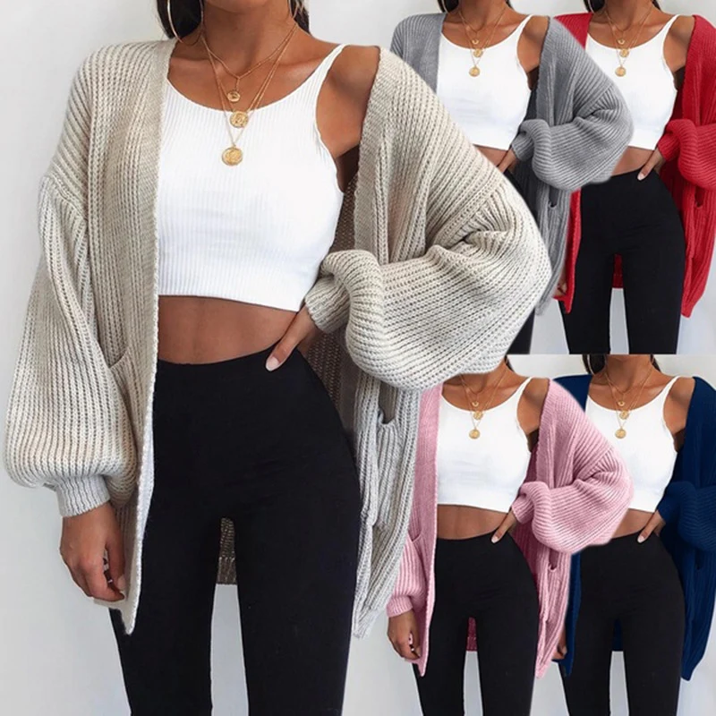 

Women's Sweater Tops Solid Color Spring Autumn New Knitted Cardigan Loose Casual Solid Color V-Neck Lantern Sleeve Pocket Jacket