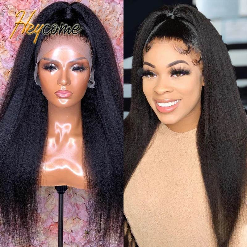 

Парик без клея Heycome, бразильский парик Yaki с предварительно выщипанными волосами, прямые парики без клея, 13x 6, парики на сетке спереди для черн...