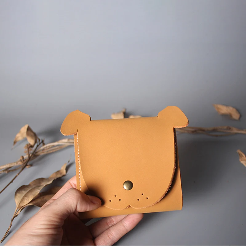 

SHUYI Simple Cartoon Wallet Genuine Leather Women Three Folding Coin Purse Retro Dog Head Small Card Holder Cowhide Money Bag