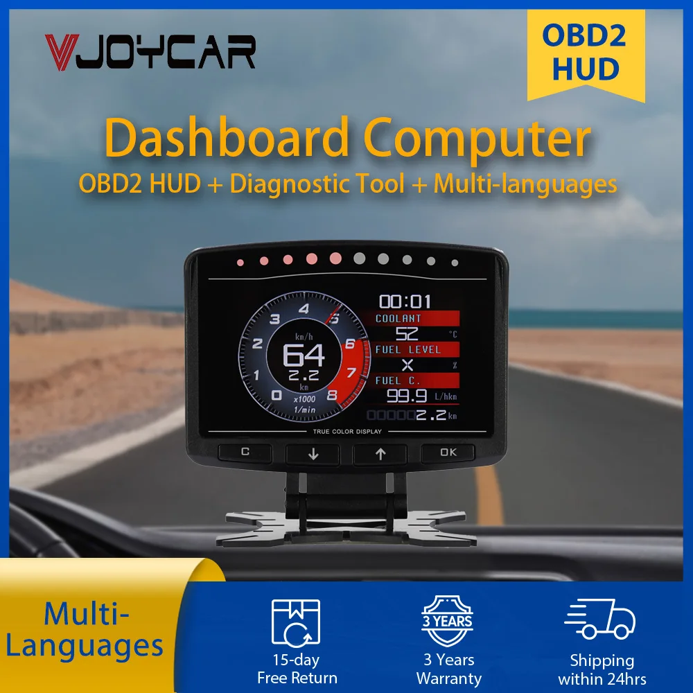 Enlarge Vjoycar Newest Car HUD Smart Odometer Digital Temperature Meter OBD2 Gauge RU ES FR DE SA EN Multi-Languages Clear Error Code