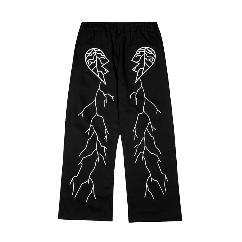 

Harajuku Lightning Love Print Pockets Wide Leg Casual Trousers for Men and Women Elastic Waist Vibe Style Loose Pants Streetwear