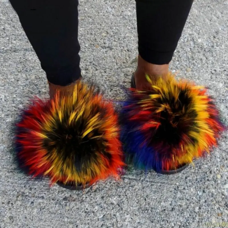 Шлепанцы женские с мехом енота меховые сандалии плоская подошва Лисий мех сланцы