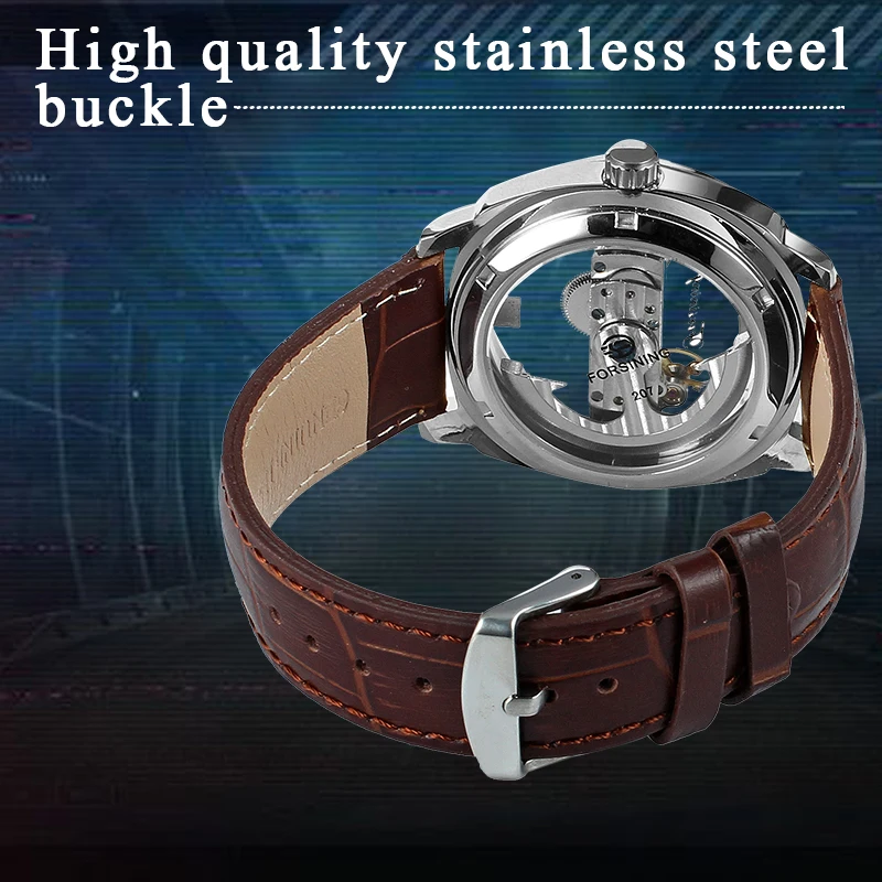 

New Transparent Case Brown Leather Strap Mens Watches Top Brand Automatic Skeleton Dial FORSINING Wrist Watches for Men Women