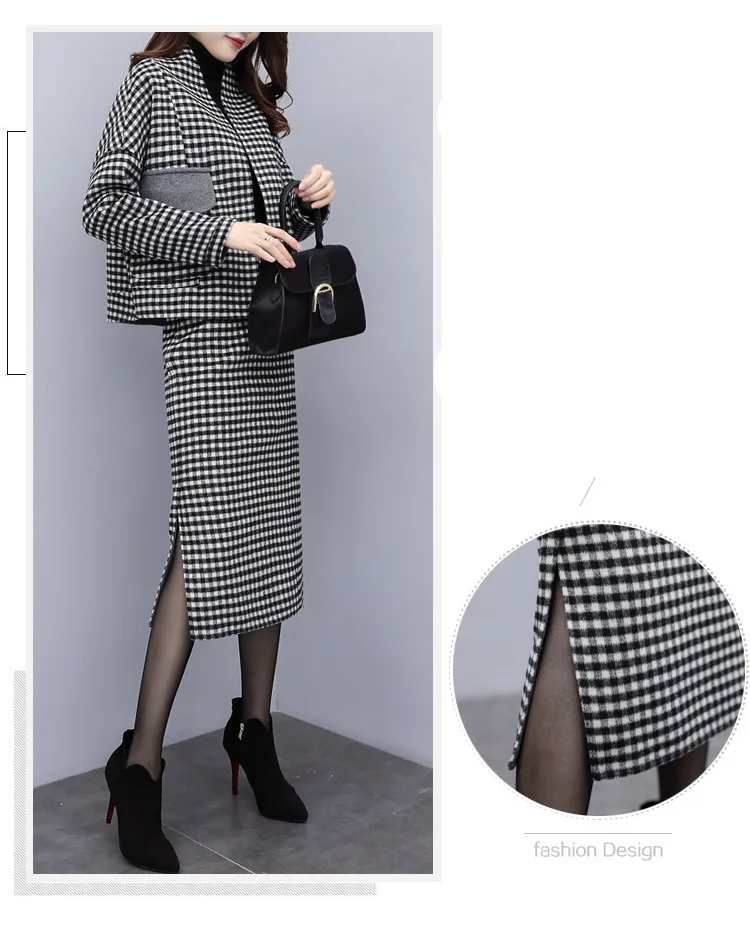 

2019 Winter Plaid Woolen 2 Piece Skirt Suits Sets Women V-neck Coat + Splitting Midi Skirt Suits Outfits Offce Lady Fashion Sets