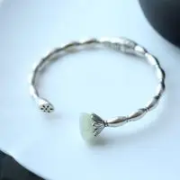 

[Lotus Seedpod.].] Thai Silver 925 Sterling Silver Handmade Matte Inlaid Natural Hetian Jade Retro Women's Bangle-Opening