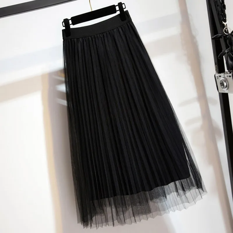 

Tulle Woman Skirts 2020 Summer Korean style Mesh Elegant High Waist A-line Pleated School Midi Skirt Female faldas mujer