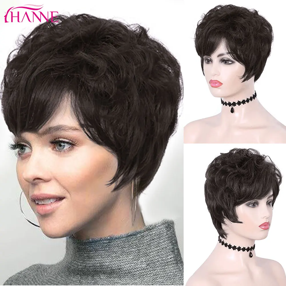 

HANNE Short Synthetic Curly Wigs With Bangs Brown Hand Made wig High Temperature Fiber Wigs For Black/White Women