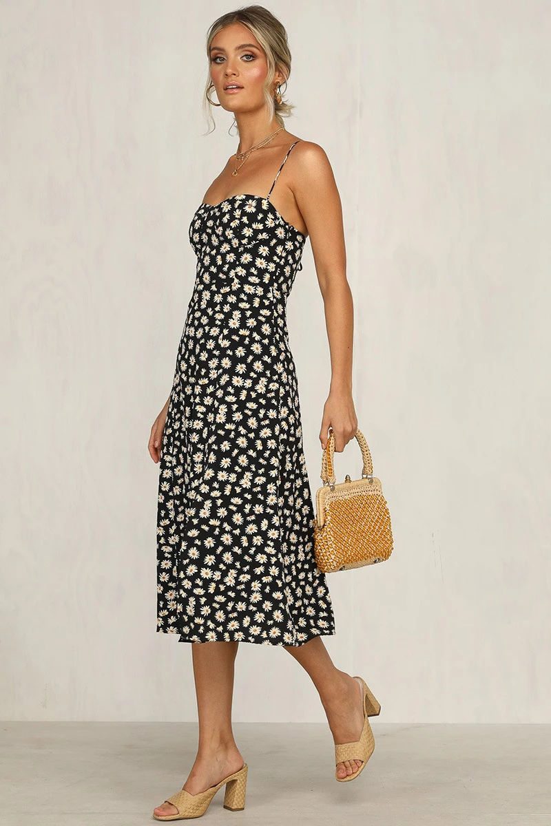 

Women's Sexy Sleeveless Halter Button Small Zou Chrysanthemum Printed Dress