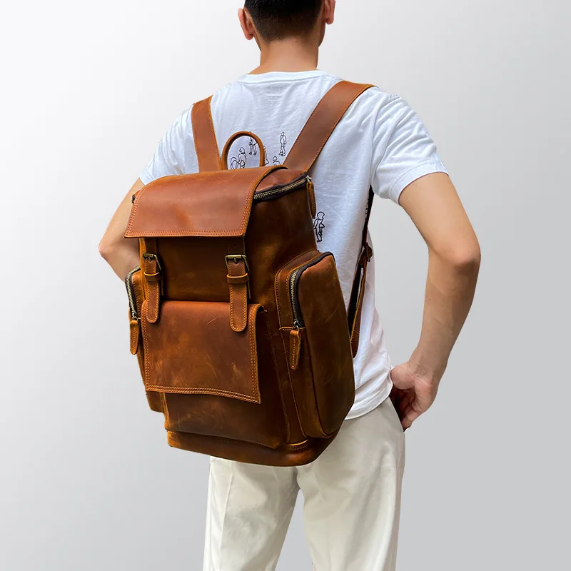 

Big capacity crazy horse leather Man travel Backpack Casual cow Leather 17 inch laptop Rucksack School Bag Daypack tavel bag