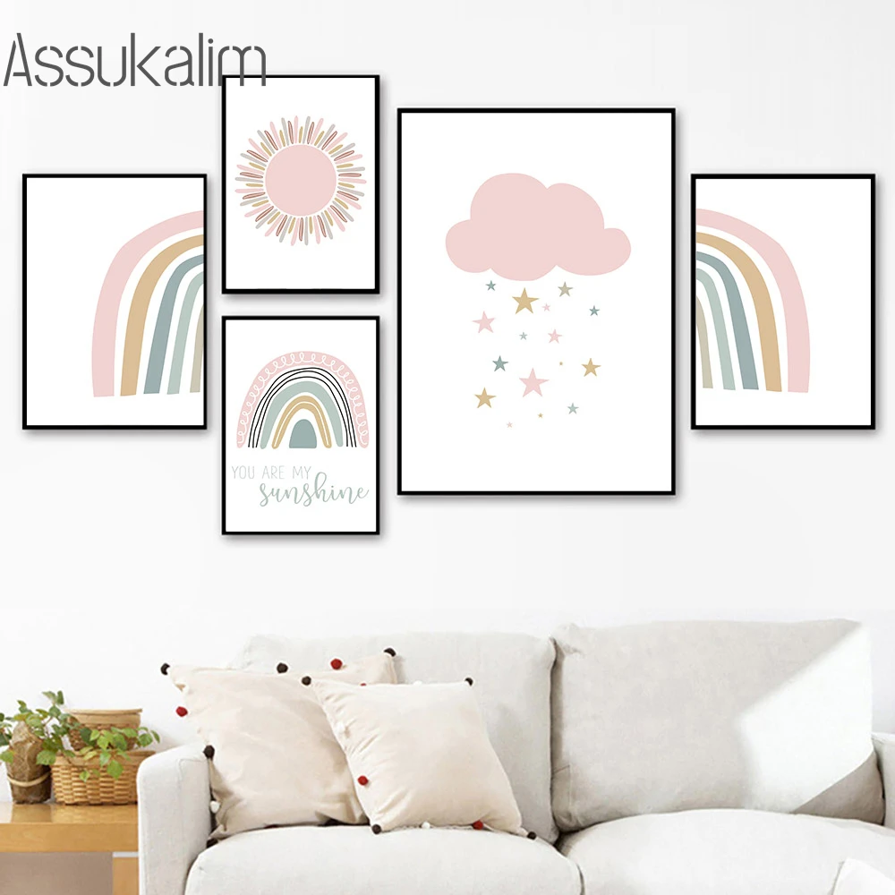 

Nursery Canvas Painting Clouds Rainbow Posters Sunshine Poster Sun Stars Wall Art Print Nordic Wall Picture Baby Kids Room Decor