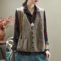 sweater vest women knitted v neck solid sweaters hollow out pocket vests womens cardigan loose leisure size simple chic