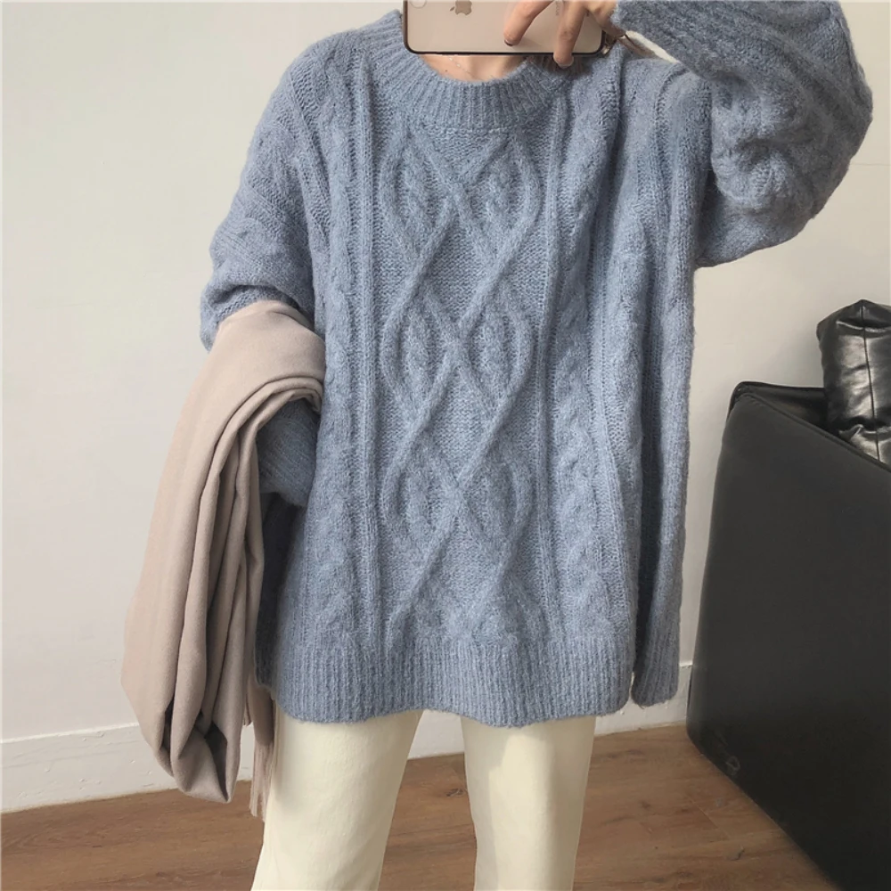 Женский толстый свитер оверсайз с круглым вырезом свободные вязаные Джемперы