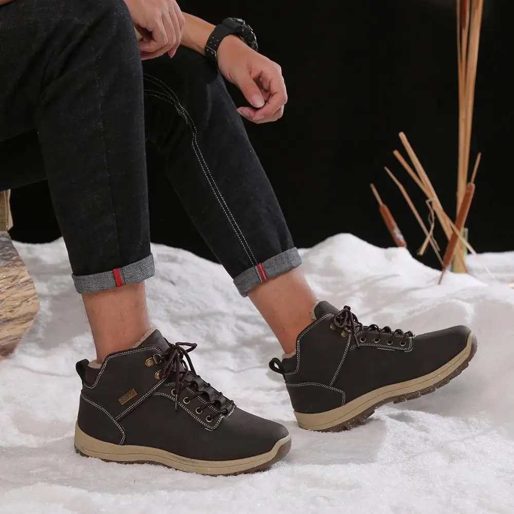 Супер теплые мужские ботинки зимние кожаные водонепроницаемые резиновые