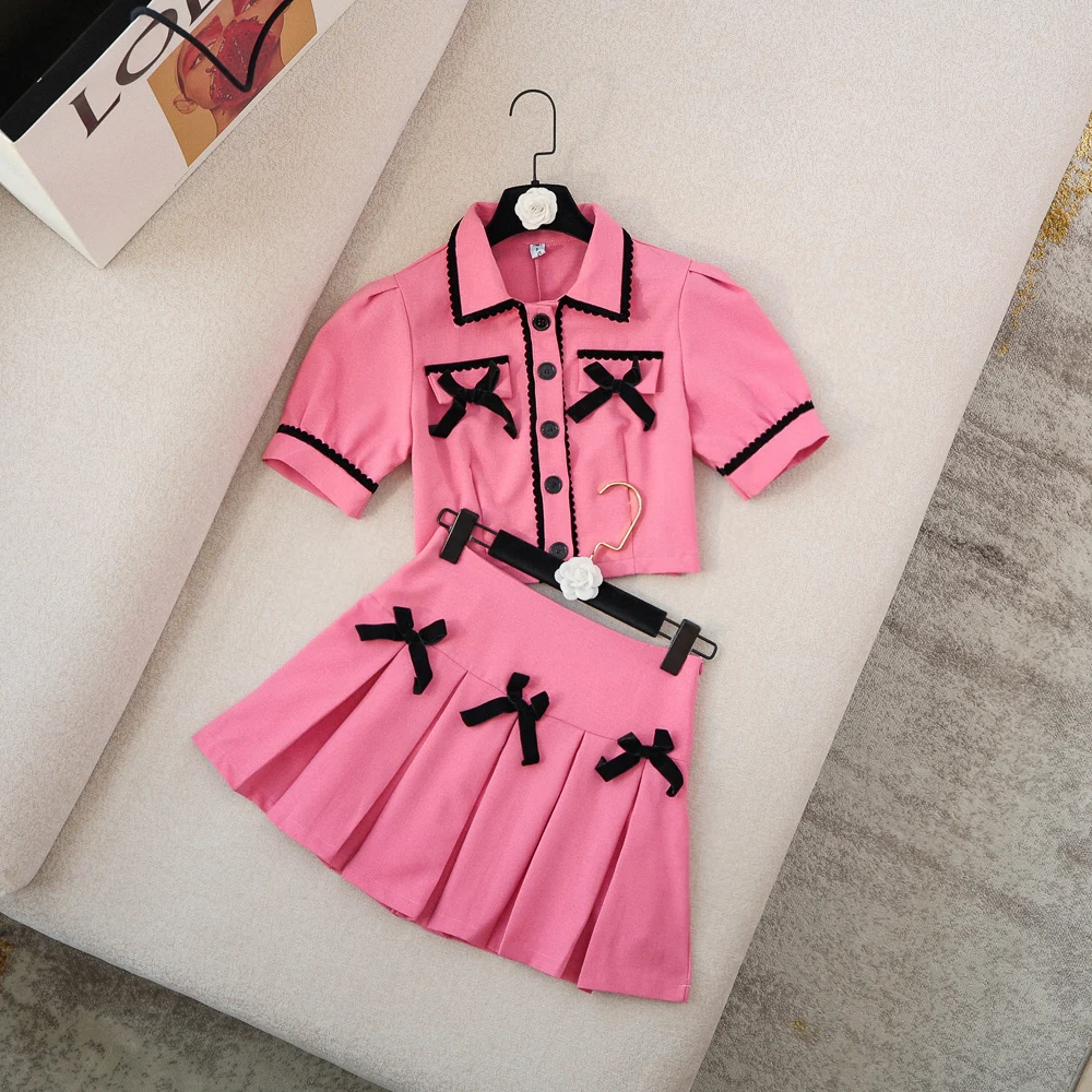 

Skirt Outfit Women's 2021 Summer New Short-Sleeved Bow Single-Breasted Short Shirt Top+High Waist A- Line Skirt Two-Piece Sets