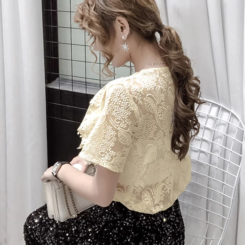 

Lucyever 2021 New Lace Ruffle V Neck Blouses Women Summer Hollow Out Short Sleeve Office Shirt Ladies Casual Pearls Button Shirt