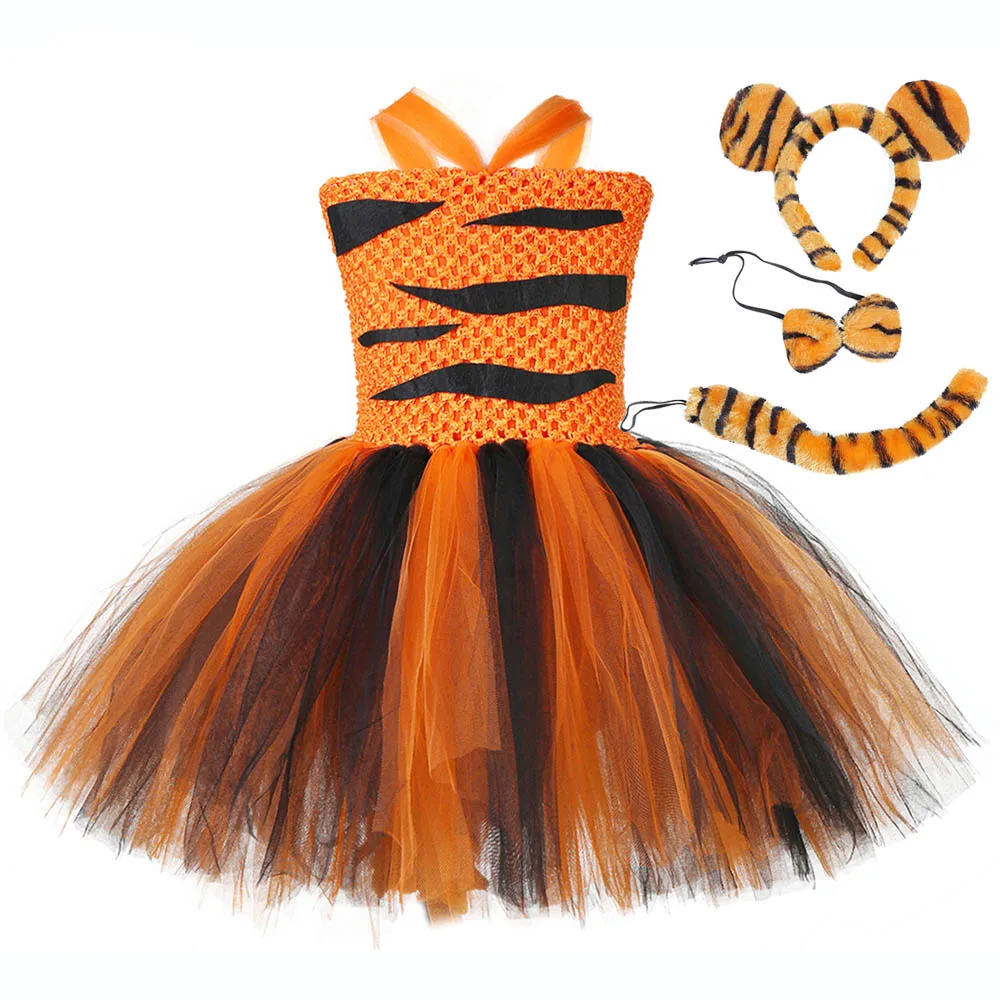

Kids Halloween Role Play Costume Tiger Cosplay Birthday Party Tutu Dress Baby Girls School Performance Suit with Headband Tail