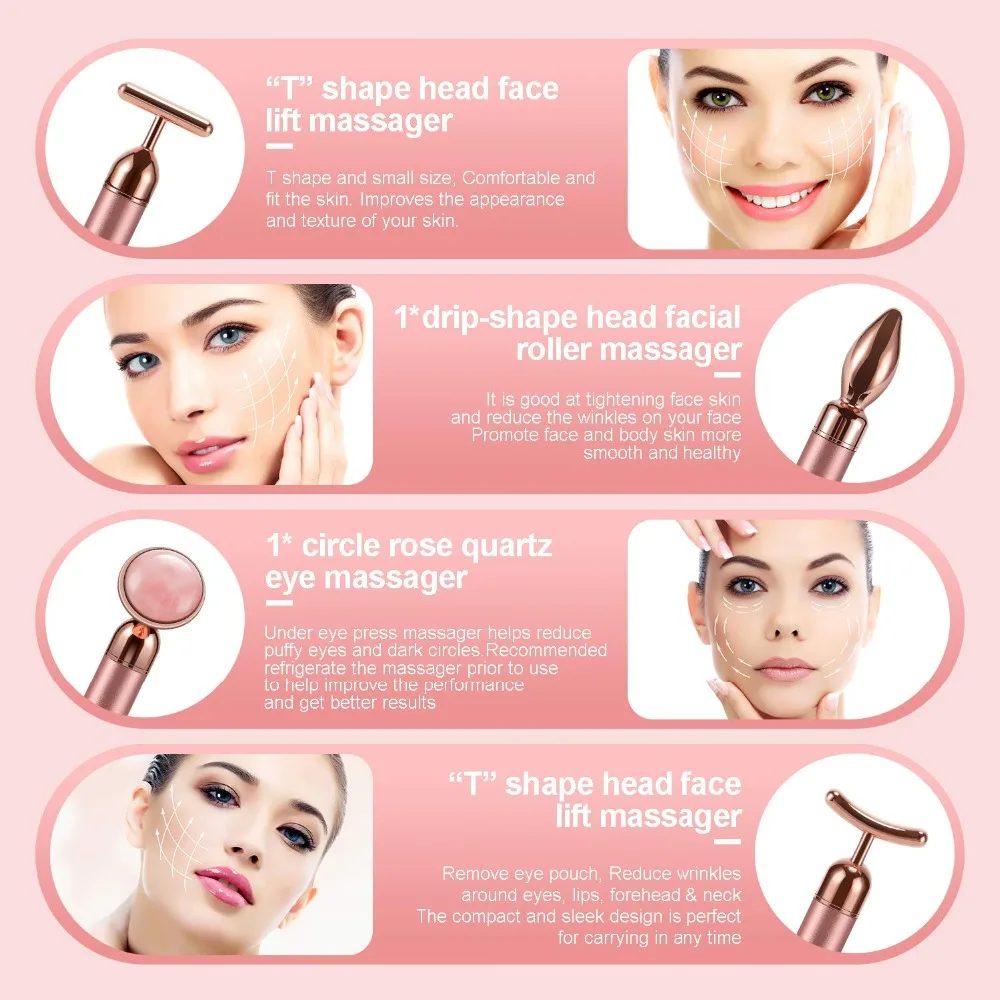 4 IN 1 Electric Facial Jade Roller Set Vibrating Face Massager Lifting Skin Tightening Anti-wrinkle Care Tool | Красота и здоровье