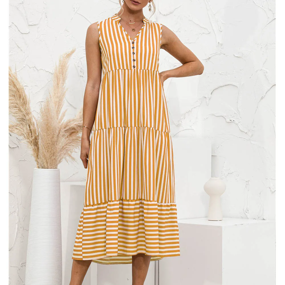 

Striped Splice Maxi Dresses Women Summer Sleeveless V Neck Button Loose Contrast Color Female Big Hem Long Dress 2021 Chic
