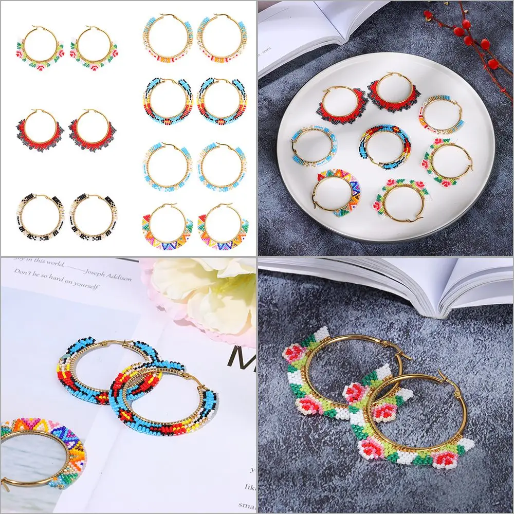 

Women Girls Multicolor Beaded Jewelry Pastoral Earring Ring Boho Rice Beads Hoop Earrings Bohemian Big Circle Earrings