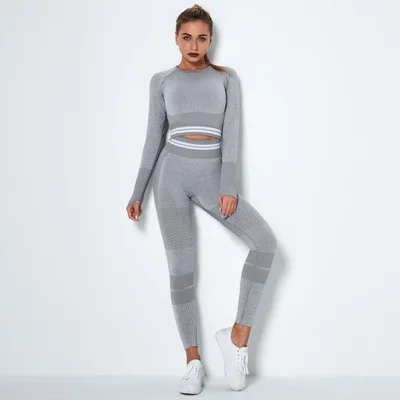 

New seamless knitted quick-drying sports yoga long-sleeved suit striped fitness pants suit women yoga set