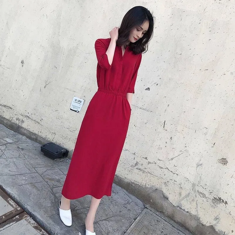 

2020 New Summer Women Lanon Slim Solid Dress Female Half Sleeves High Waist Stand-up Collar Split Wrap Long Dresses Vestidos H21