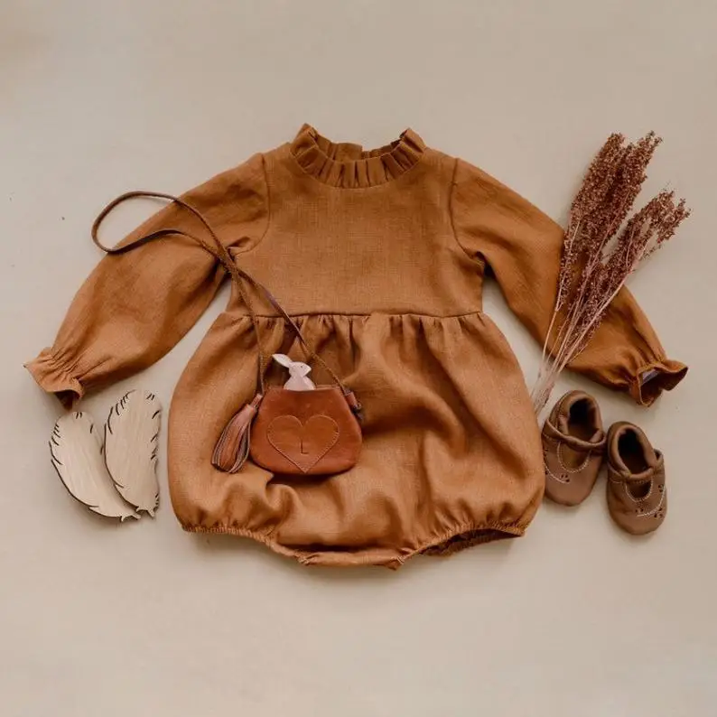 Baby Girls Long Sleeve Rompers Jumpsuit Cotton Linen Spring and Autumn Morandi Color Kids Triangle Climb Clothes All in Ones