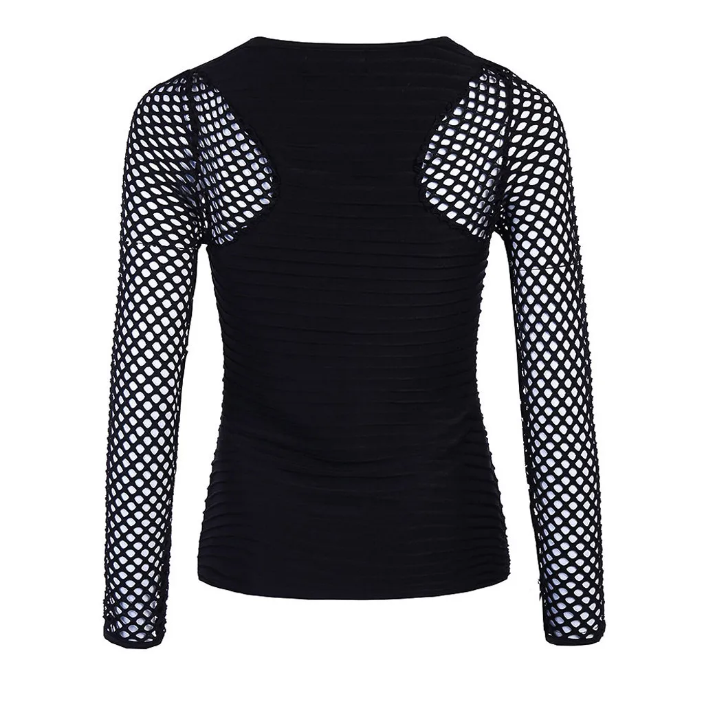 Женская футболка в сеточку однотонная черная с длинными рукавами и глубоким