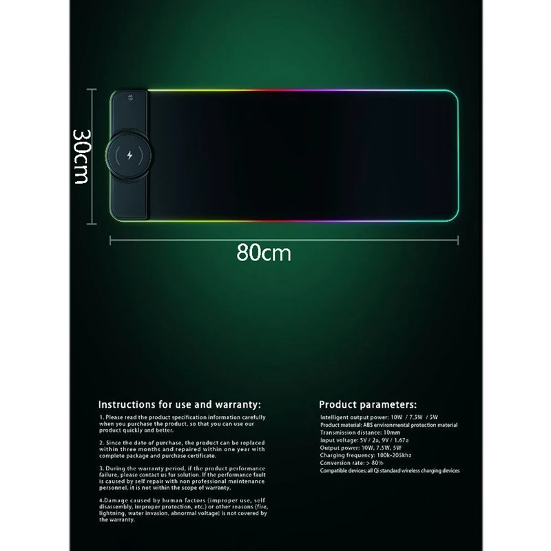 

Wireless Charging Mouse Pad 10W Large RGB Gaming Mouse Mat with Anti-Slip Rubber Base 800 X 300 X 4 mm