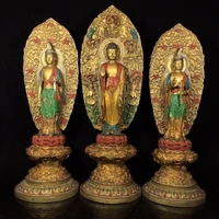 17tibet buddhism temple old bronze painted three saints of the west avalokitesvara shakyamuni buddha statue rescue enshrine