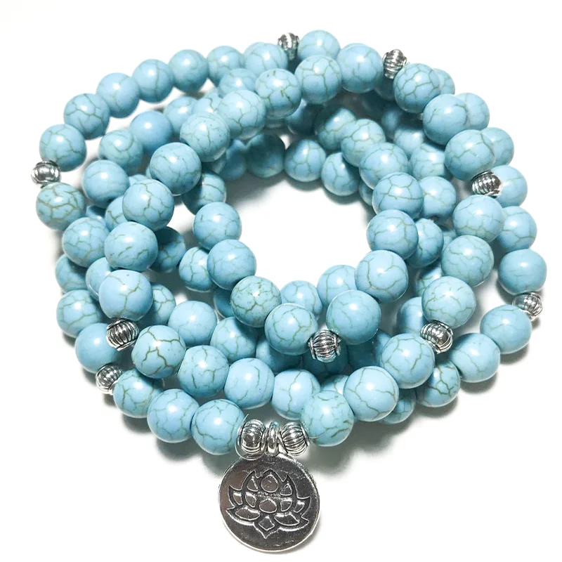 

108 Mala 8mm Blue Turquoise Beaded Elastic Wrap Bracelet Meditation Yoga Healing Jewelry Lotus Buddha Tree of Life Charm