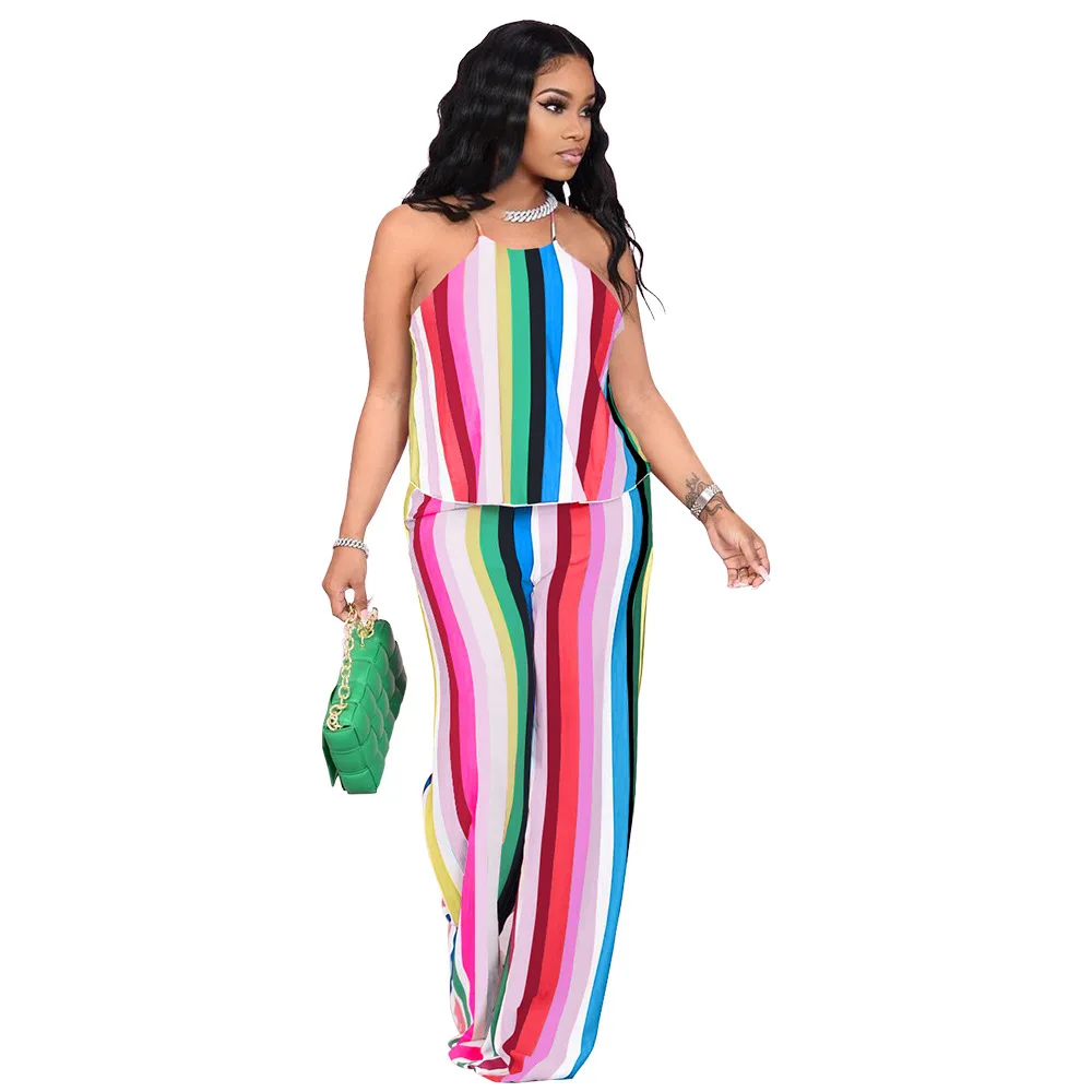 

Sexy Striped Plus Size Two Piece Set Summer Vacation Outfits for Women Tank Top Flare Pants Suits Lounge Matching Sets