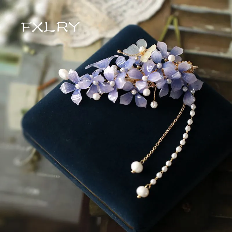 FXLRY элегантная ручная работа натуральный жемчуг винтажный лепесток бахрома боковая челка зажим для волос украшение для волос