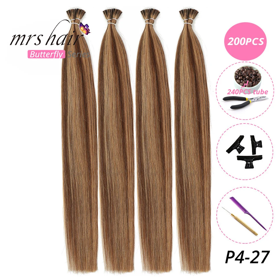 MRSHAIR, 1 г/шт., 16 дюймов, 20 дюймов, 24 дюйма, Предварительно Связанные волосы для наращивания, I Tip Machine, Remy, прямые человеческие волосы на капсулах, настоящие волосы, 50 шт - Цвет: KITP4-27-200