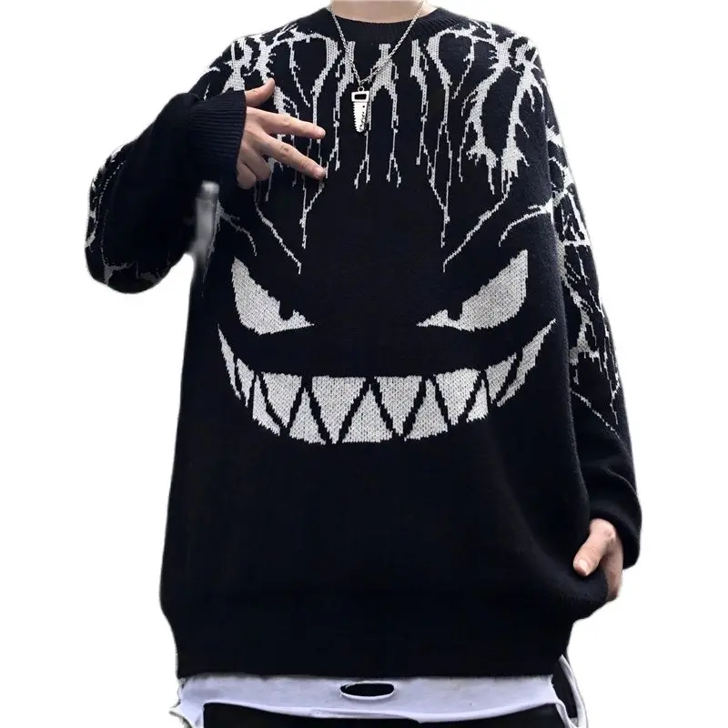 

Harajuku Black Sweater Women Men Lightning Devil Knitted Jumper Oversize Pullover Hip Hop Streetwear 2021 Autumn Spring Sweaters