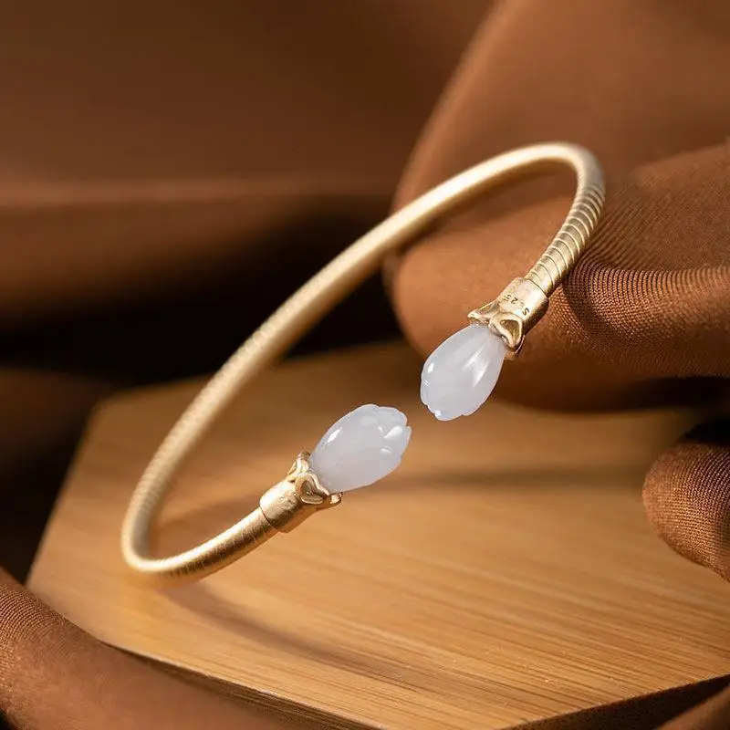 

Original S925 Sterling Silver Gilding Simple Elegant Antique Fashion All-Matching Ladies Magnolia Open-End Bangle Bracelet