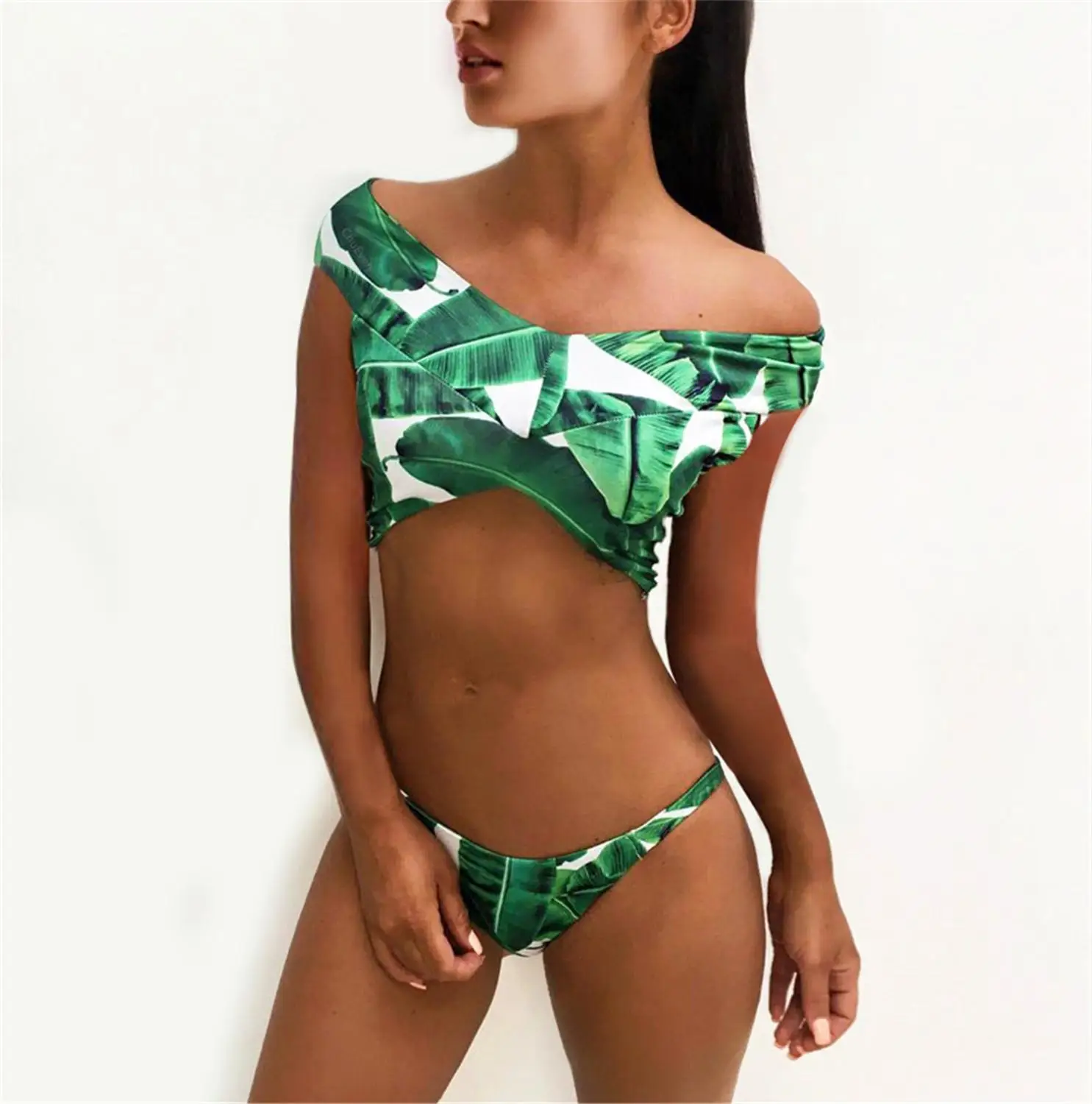 

Womens Forest Leaves Printing Sexy Bikini Swimsuit Women Strapless Swimsuit Set Green Bathing Suit Brazilian Biquini Female