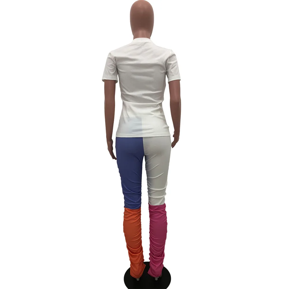 

Color Blocks Patchwork Letters Print Tracksuits O Neck Short Sleeve Top Stacked Long Pants Slim Fit Pockets Drawstring 2pcs Sets