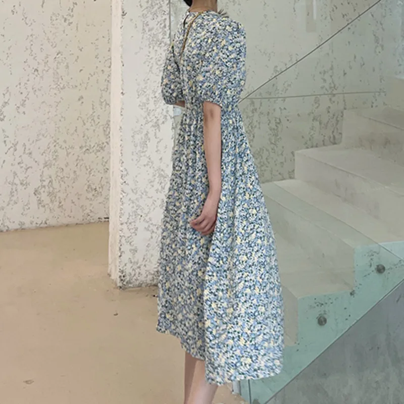 

2021 Summer New Fashion Blue Floral Printed Slim Midi Dress French Vintage Short Sleeve Dress Sukienki Damskie Vestido De Mujer
