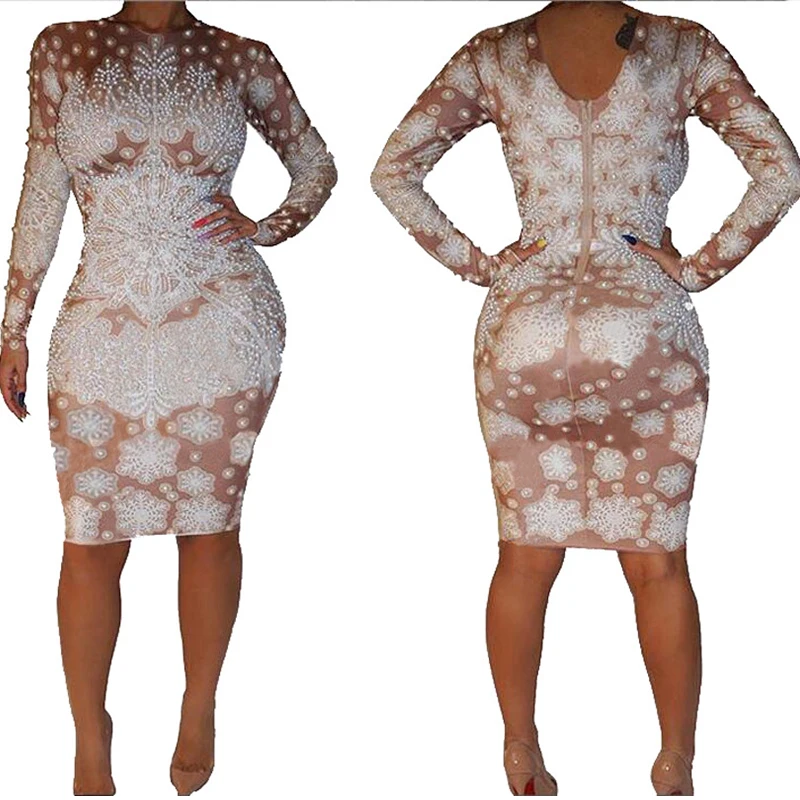 Женское вечернее платье с жемчужным принтом длинным рукавом|Танцевальный костюм