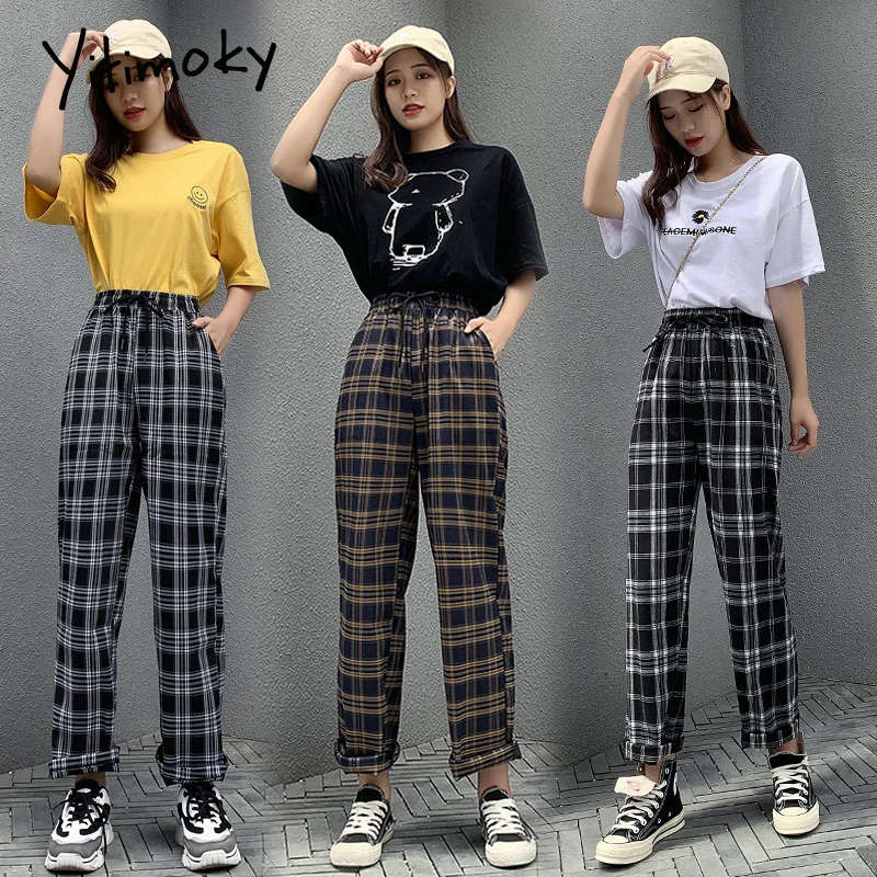женские штаны клетчатые брюки с эластичной резинкой на талии широкие высокой