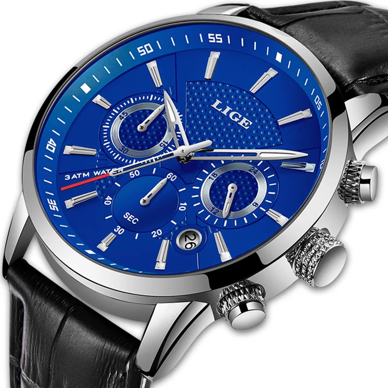 LIGE мужские s часы лучший бренд роскошные кожаные повседневные синие кварцевые