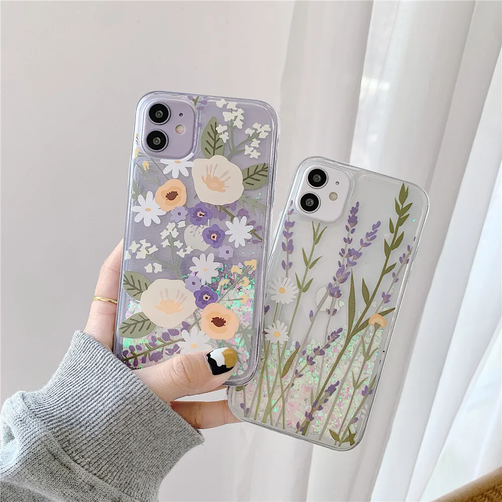 

Luxury Flower Liquid Phone Case For iPhone X XS 11 12 13 Mini Pro MAX XR 6 6S 7 8 Plus SE 2020 Dynamic Glitter Quicksand Cover
