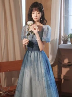 light luxury birthday banquet gown short sleeve gradient blue long wedding evening dress classic back lace up party dress
