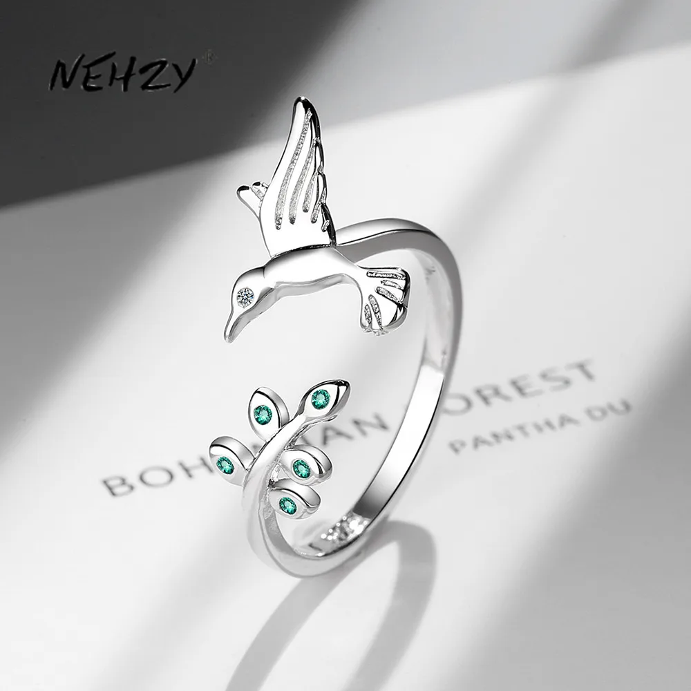 

NEHZY S925 Stamp Silver New Women's Fashion Jewelry High Quality Crystal Zircon Leaf Bird Simple Opening Adjustable Ring