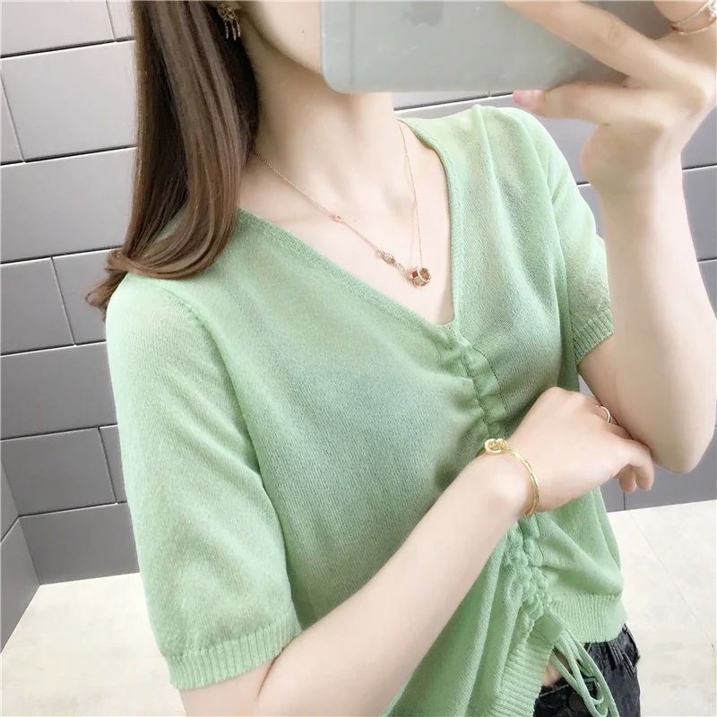 

2020 Special Offer Room 161001, 5 Rows Under 4 】 To Film A New Pure Color Draw String Short-sleeved Sweater [1182] 28