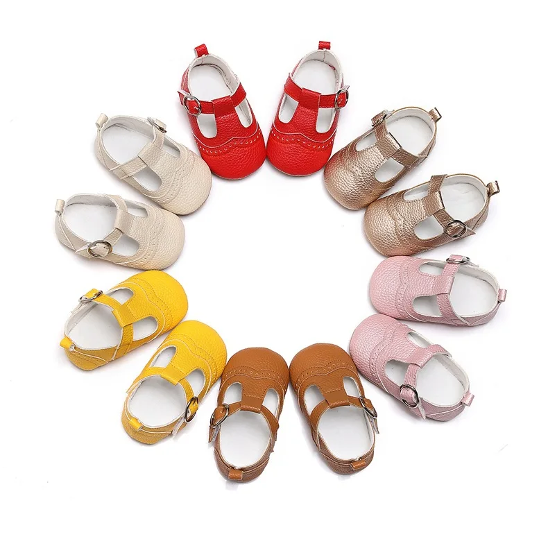 

Spring Autumn New Baby Girls First Walkers Toddler Girls T-strap Leather Shoes Solid Color Soft TPR Sole Infant Baby Moccasins