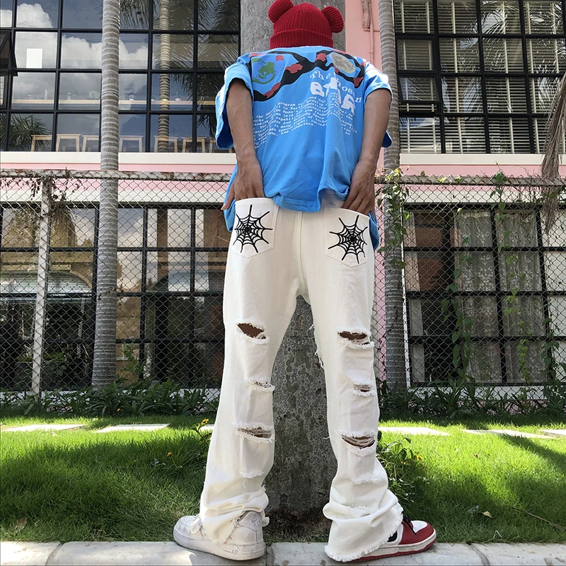 

Белые джинсы с дырками, мужская мода, уличный хип-хоп, модный бренд